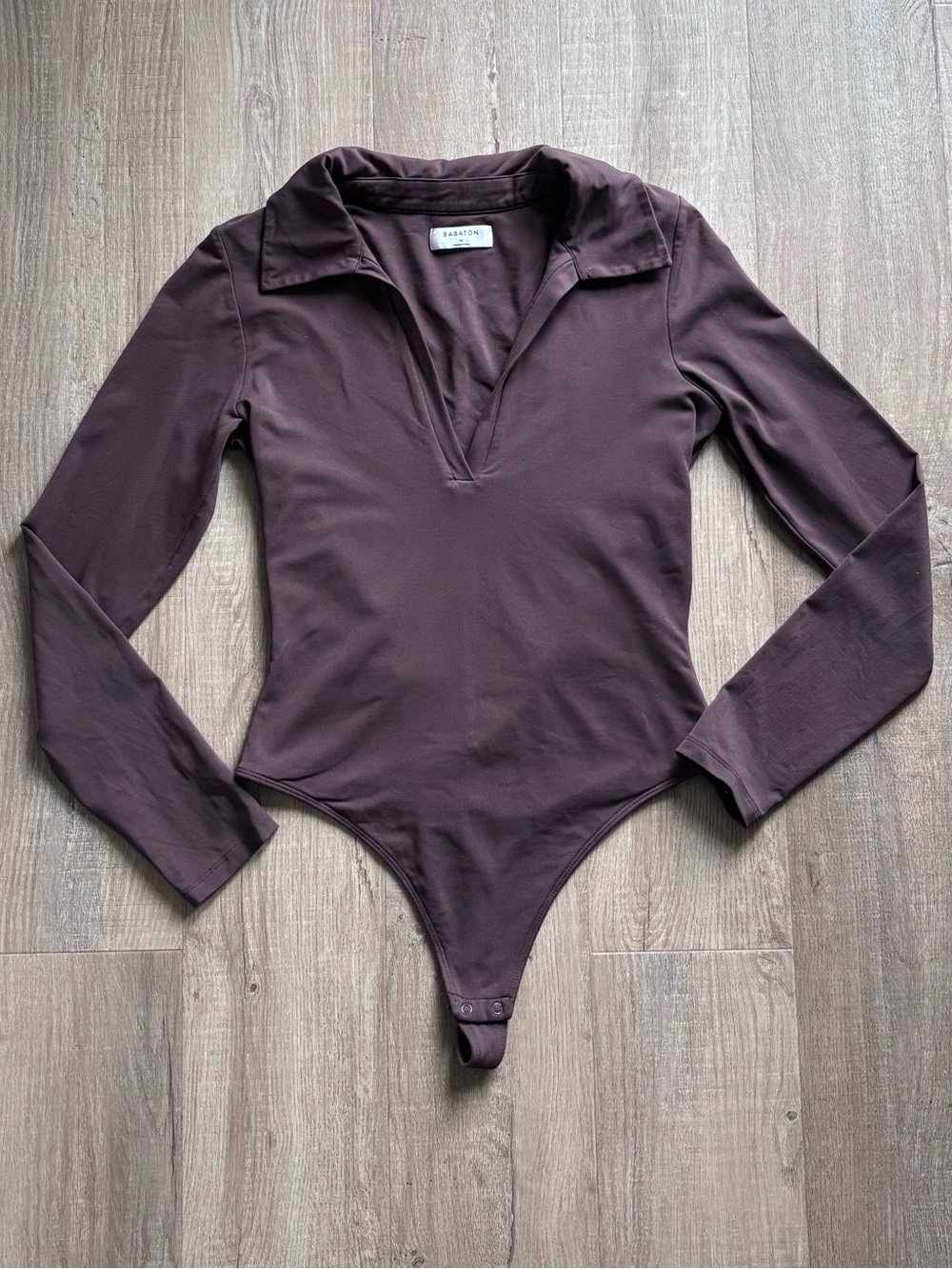 Babaton Contour Polo Longsleeve Bodysuit in Brown
